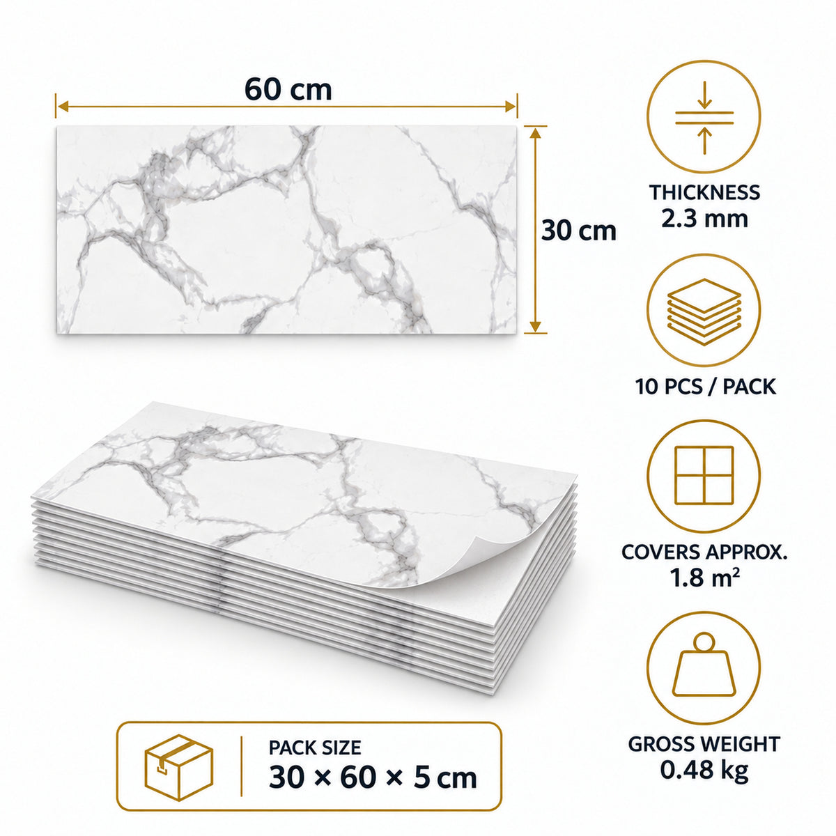 SOGA Peel & Stick Floor and Wall Tiles 30 x 60cm 10 Pack White Grey Faux Marble