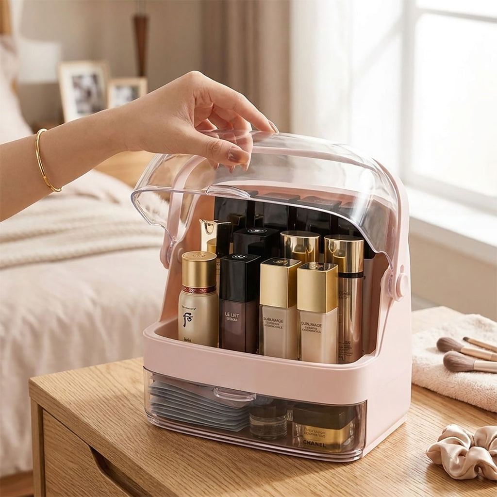 SOGA 2 Tier Pink Countertop Makeup Cosmetic Storage Organiser Skincare Holder Jewelry Storage Box with Handle