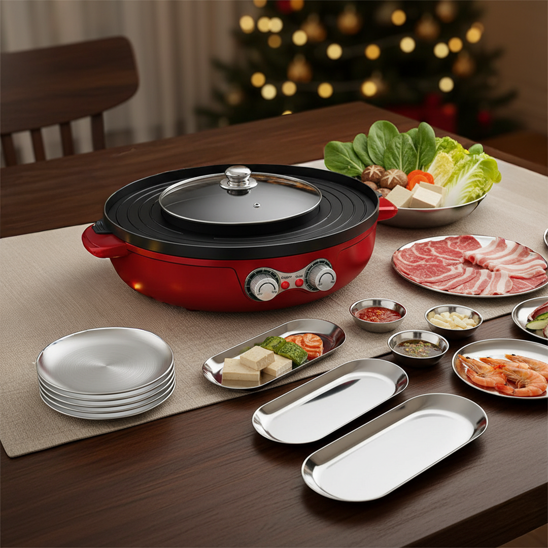 SOGA Kitchenware Bundle – 2-in-1 Electric Hot Pot BBQ Grill & Silver Plate Set with Grilling Plate $ 275