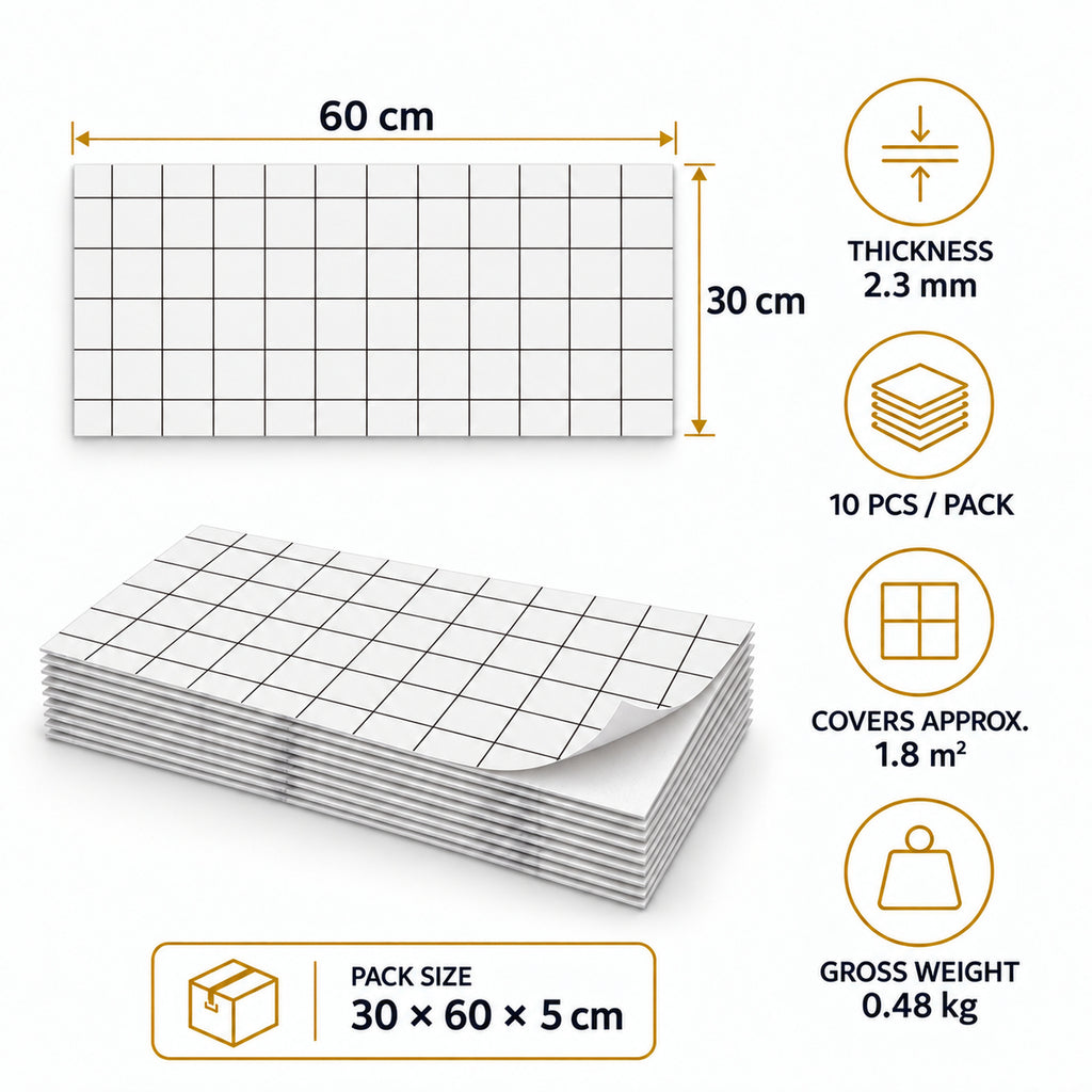 SOGA Peel & Stick Floor and Wall Tiles 30 x 60cm 10 Pack White Grid Tile Look