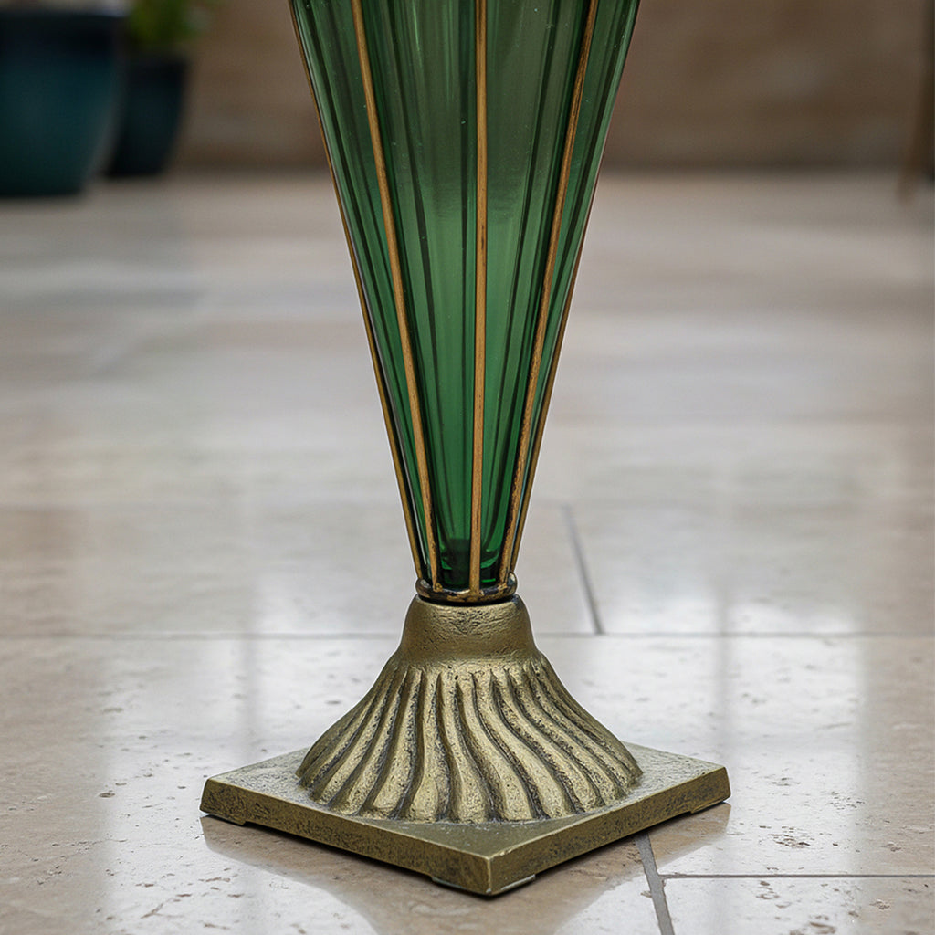 SOGA Green Colored European Glass Flower Vase Solid Base with Two Gold Metal Handle
