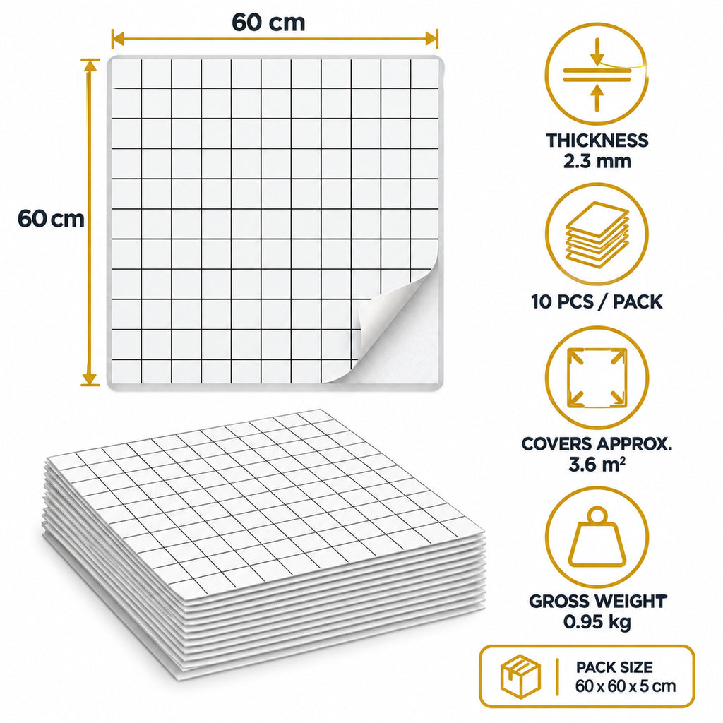 SOGA Peel & Stick Floor and Wall Tiles 60 x 60cm 10 Pack White Grid Tile Look