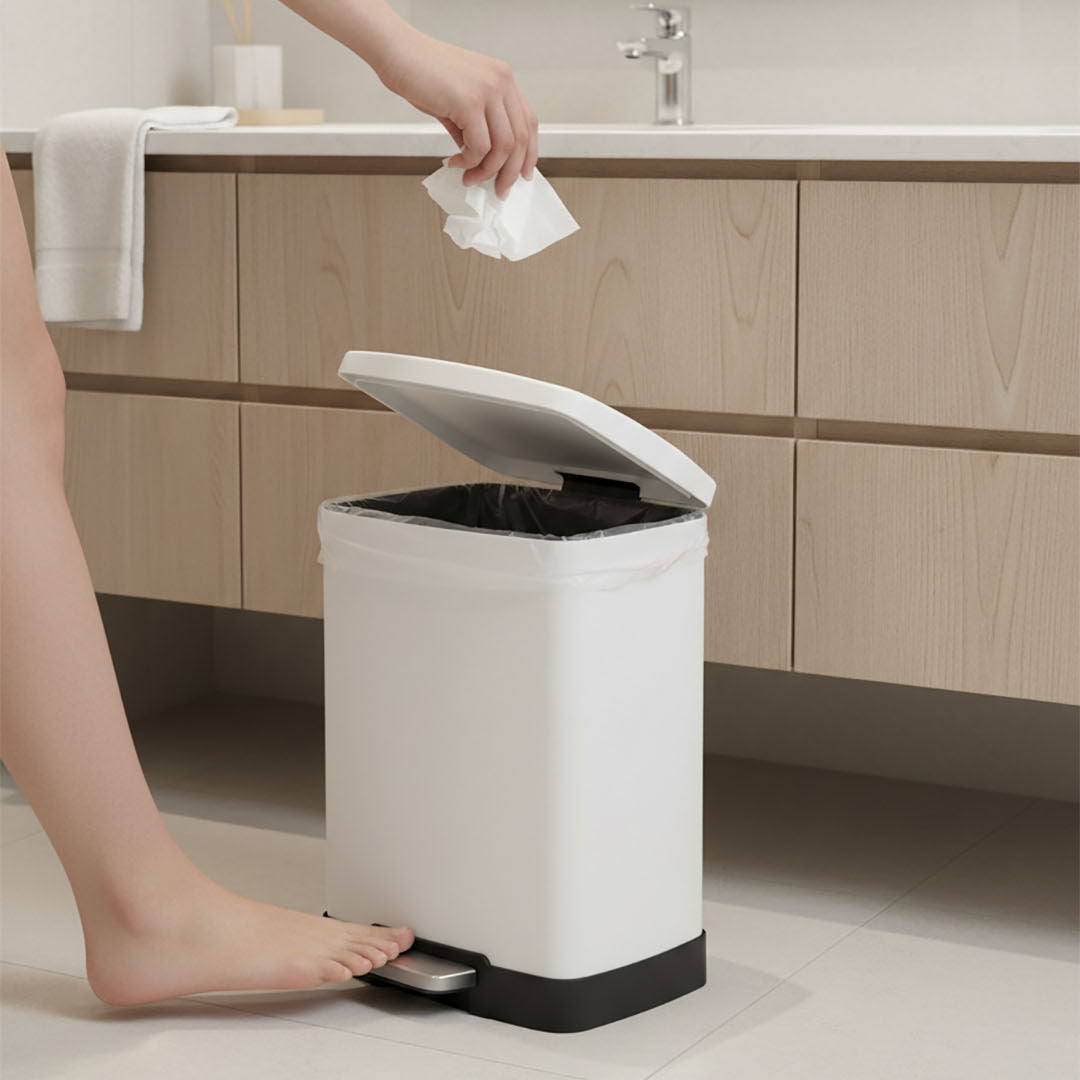 SOGA Foot Pedal Stainless Steel Rubbish Recycling Garbage Waste Trash Bin Rectangular Shape 12L White