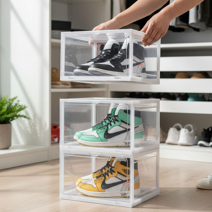 SOGA  2X 3 Tier Transparent Portable Shoe Organiser Sneaker Footwear Folding Plastic Bin Stackable Storage Box with Magnetic Door