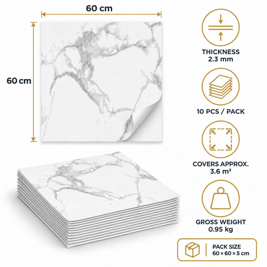 SOGA Peel & Stick Floor and Wall Tiles 60 x 60cm 10 Pack White Grey Faux Marble