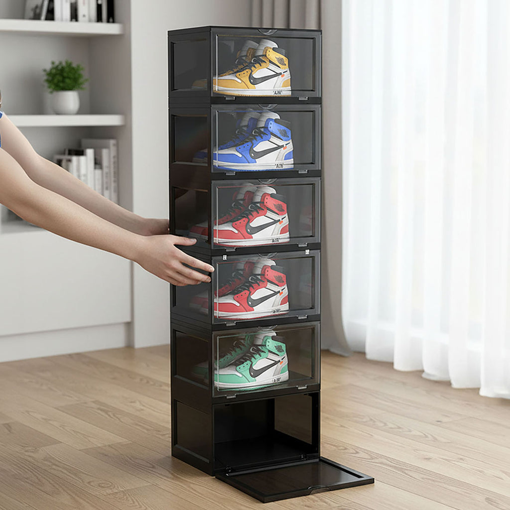 SOGA 6 Tier Black Portable Shoe Organiser Sneaker Footwear Folding Plastic Bin Stackable Storage Box with Magnetic Door