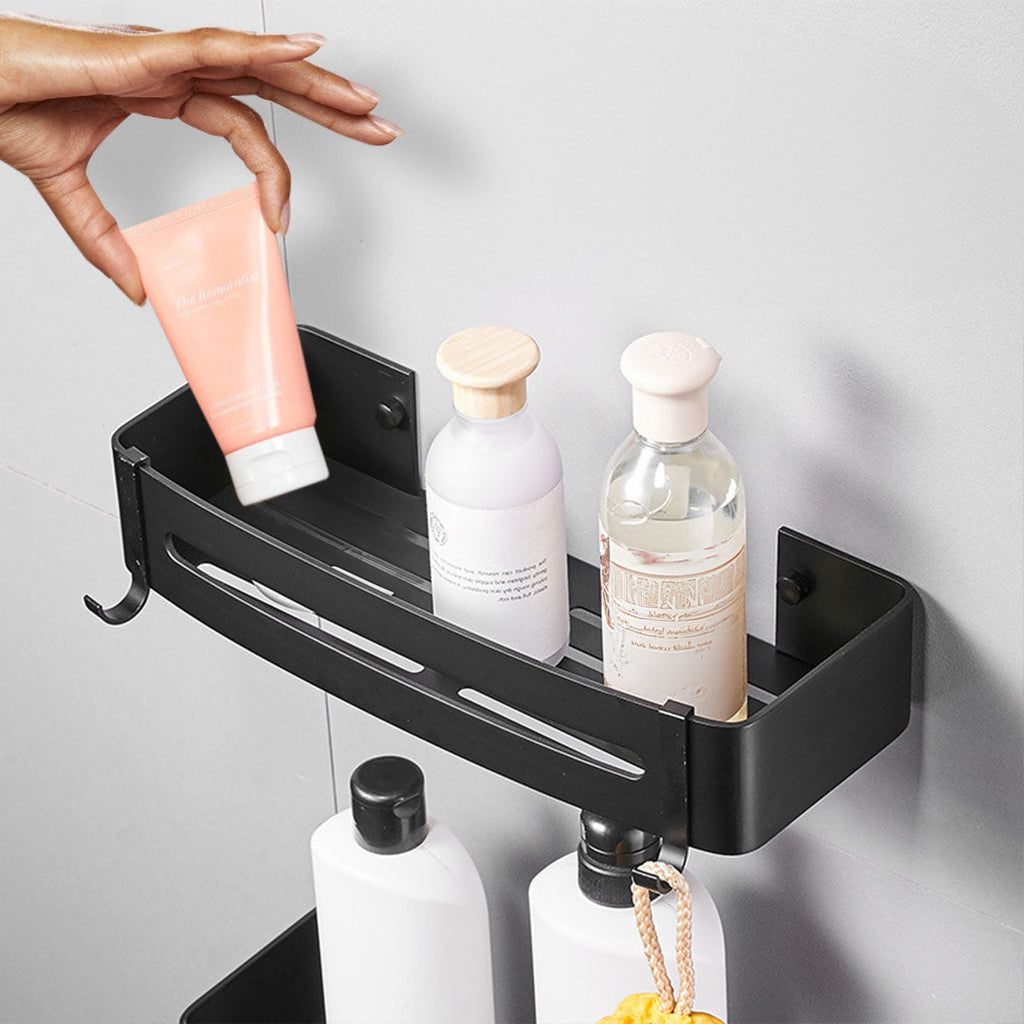 SOGA 2X Black Wall-Mounted Rectangular Bathroom Storage Organiser Space Saving Adhesive Shelf Rack with Hooks