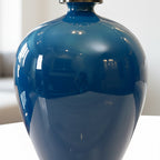 SOGA 42cm Ceramic Oval Flower Vase with Gold Metal Base Dark Blue