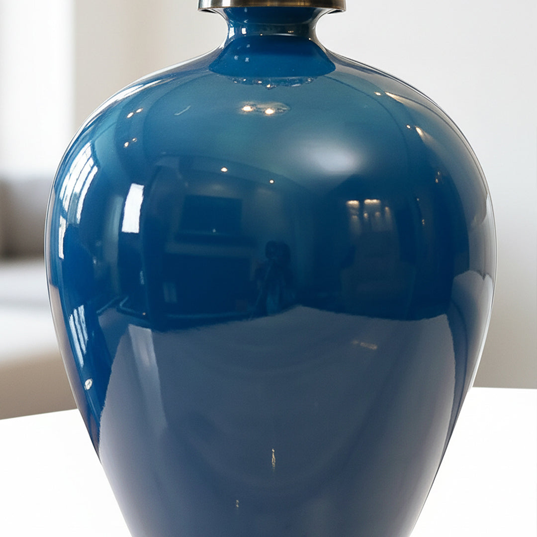 SOGA 42cm Ceramic Oval Flower Vase with Gold Metal Base Dark Blue
