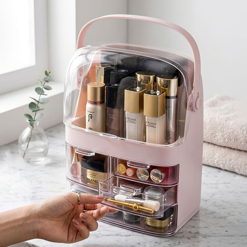 SOGA 3 Tier Pink Countertop Makeup Cosmetic Storage Organizer Skincare Holder Jewelry Storage Box with Handle
