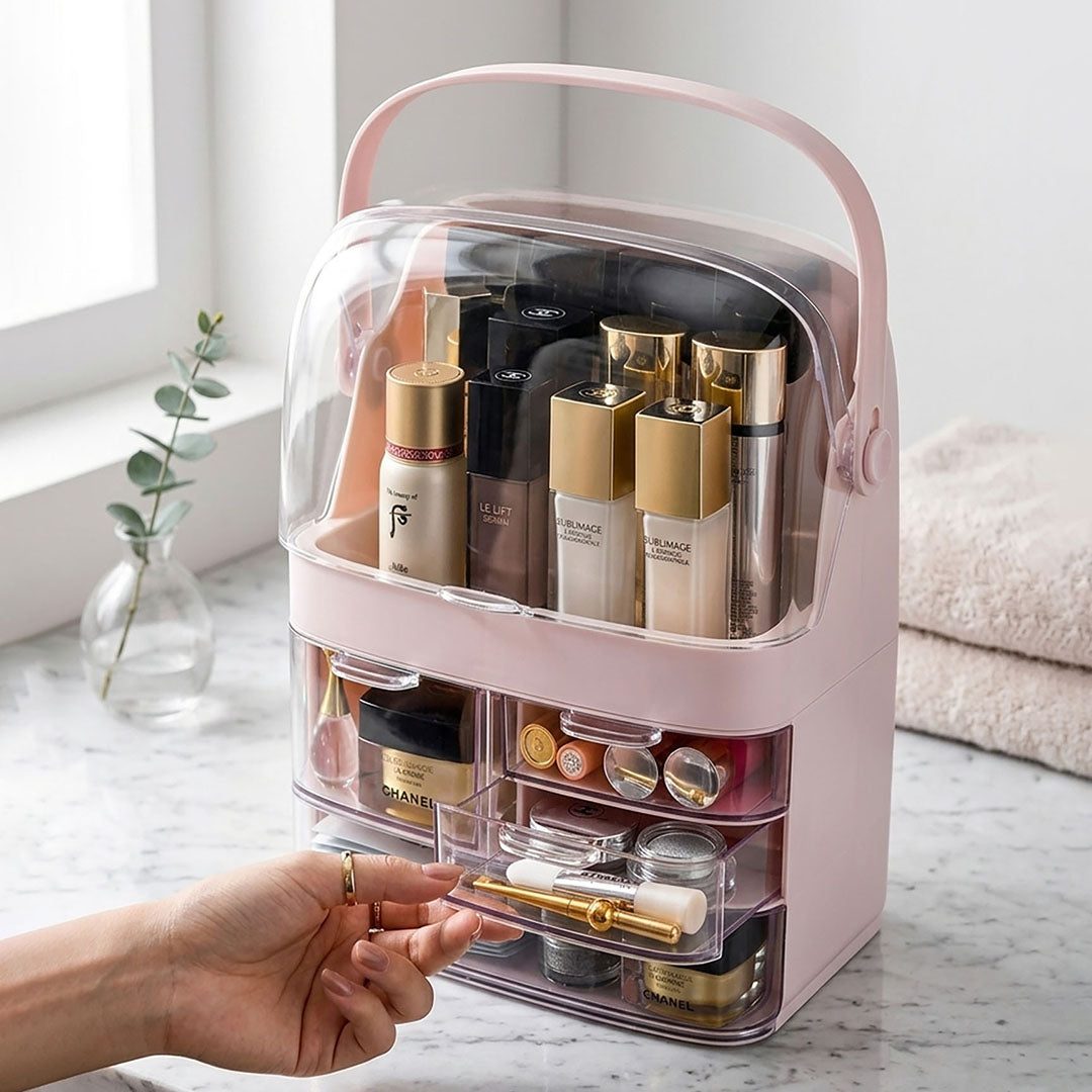 SOGA 3 Tier Pink Countertop Makeup Cosmetic Storage Organizer Skincare Holder Jewelry Storage Box with Handle