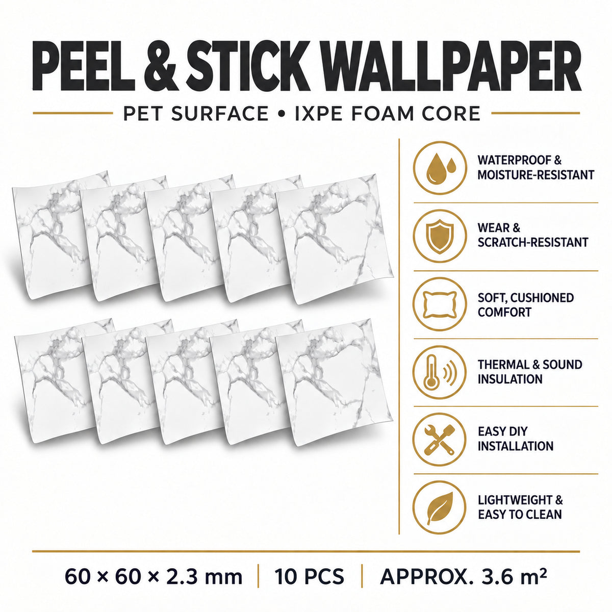 SOGA Peel & Stick Floor and Wall Tiles 60 x 60cm 10 Pack White Grey Faux Marble