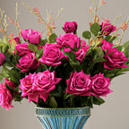 SOGA 67cm Blue Glass Tall Floor Vase and 12pcs Dark Pink Artificial Fake Flower Set