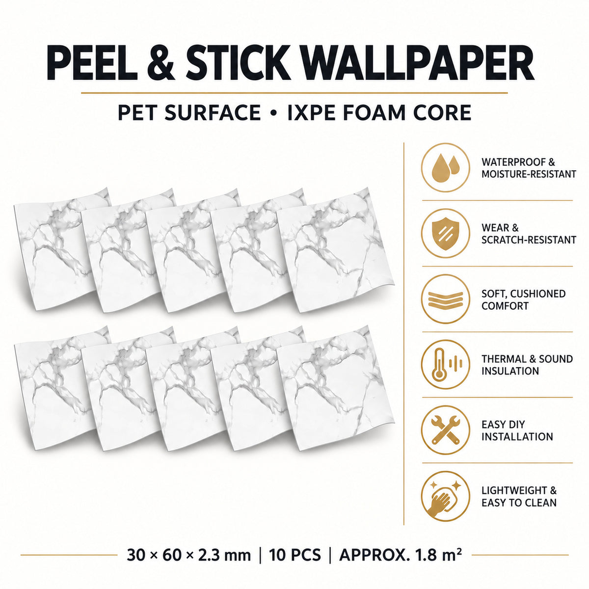 SOGA Peel & Stick Floor and Wall Tiles 30 x 60cm 10 Pack White Grey Faux Marble