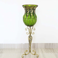 SOGA 85cm Green Glass Tall Floor Vase and 12pcs Pink Artificial Fake Flower Set