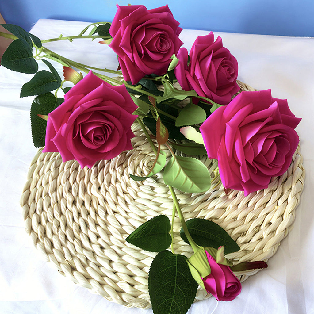 SOGA Blue Glass Cylinder Flower Vase with 8 Bunch 5 Heads Artificial Fake Silk Rose Home Decor Set