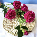 SOGA Blue Glass Cylinder Flower Vase with 8 Bunch 5 Heads Artificial Fake Silk Rose Home Decor Set