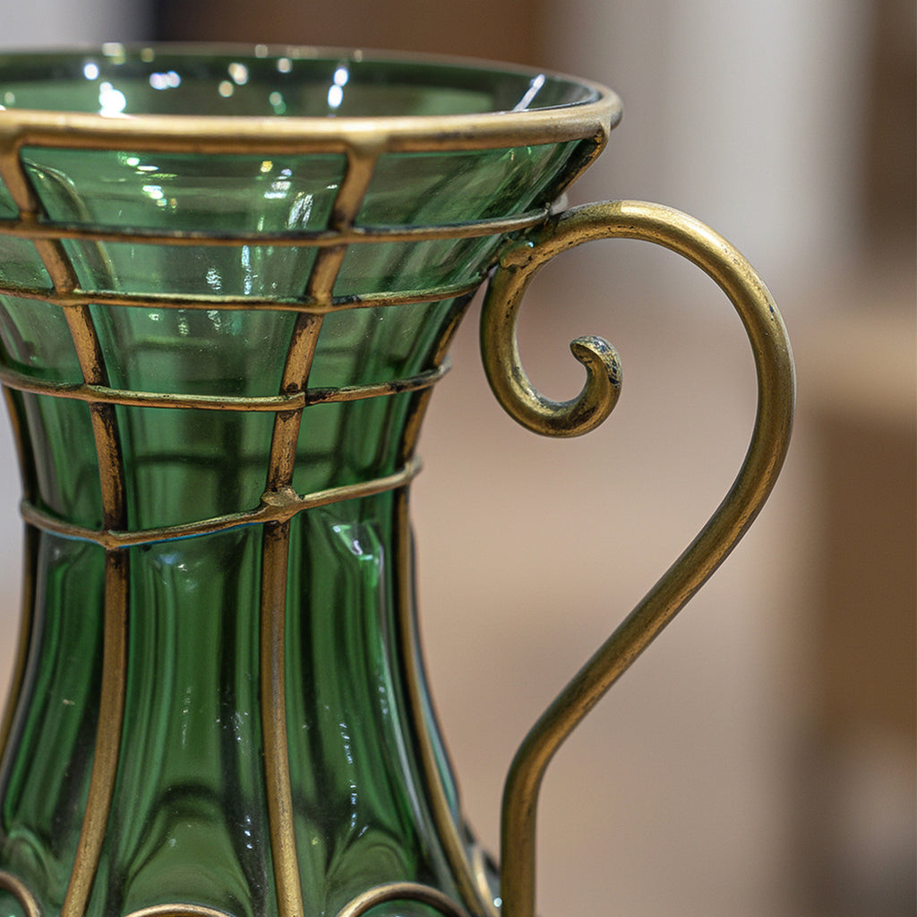 SOGA Green Colored European Glass Flower Vase Solid Base with Two Gold Metal Handle