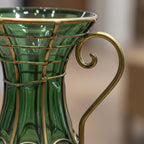 SOGA Green Colored European Glass Flower Vase Solid Base with Two Gold Metal Handle