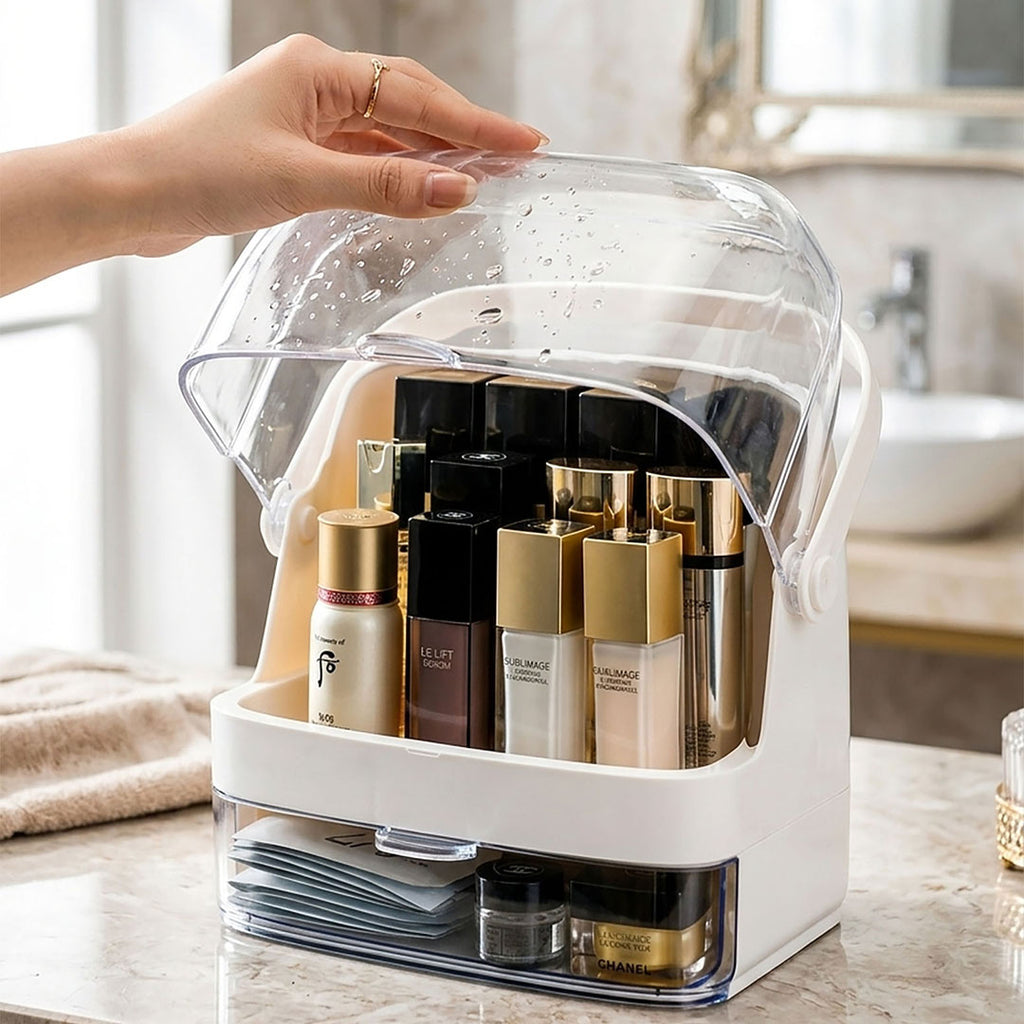 SOGA 2 Tier White Countertop Makeup Cosmetic Storage Organiser Skincare Holder Jewelry Storage Box with Handle