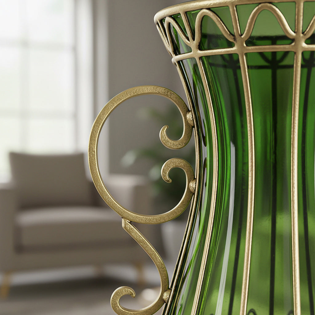 SOGA 51cm Green Glass Tall Floor Vase and 10pcs White Artificial Fake Flower Set