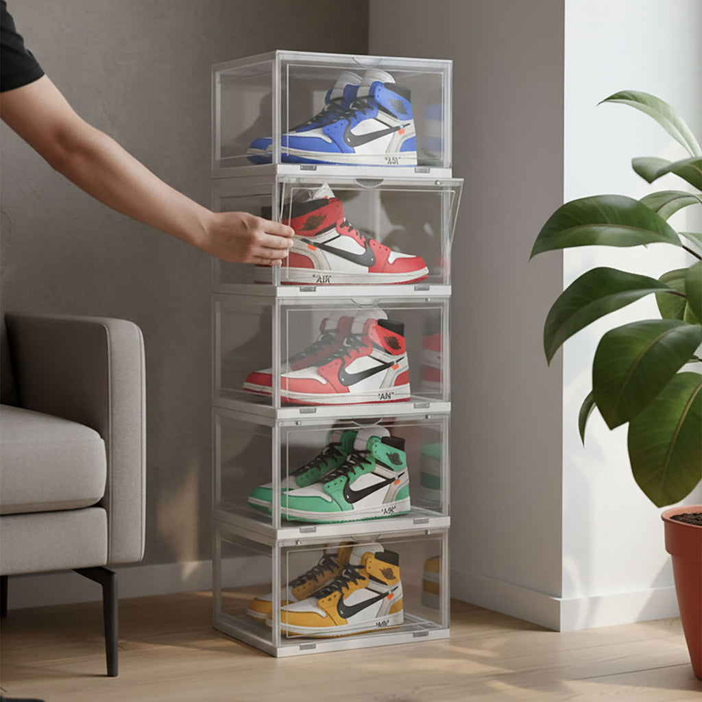SOGA 5 Tier Transparent Portable Shoe Organiser Sneaker Footwear Folding Plastic Bin Stackable Storage Box with Magnetic Door