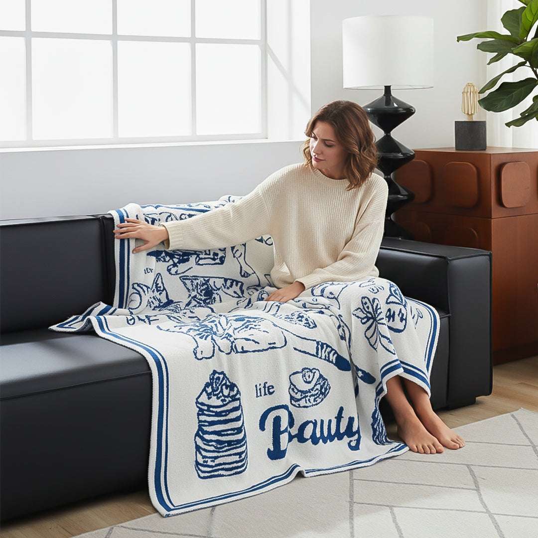 SOGA 2X Off-White Cat Print Throw Blanket 130x160cm Polyester $ 280