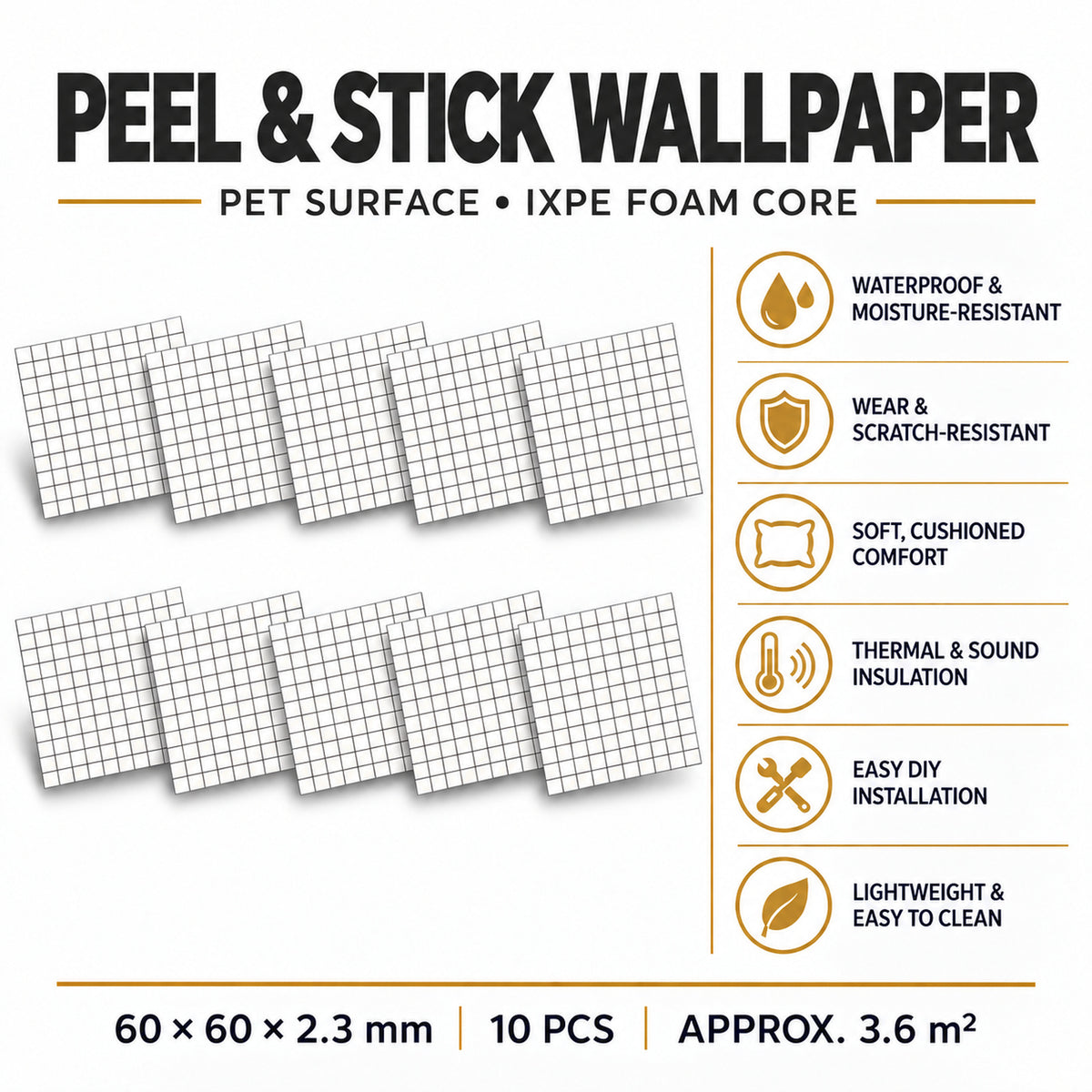 SOGA Peel & Stick Floor and Wall Tiles 60 x 60cm 10 Pack White Grid Tile Look