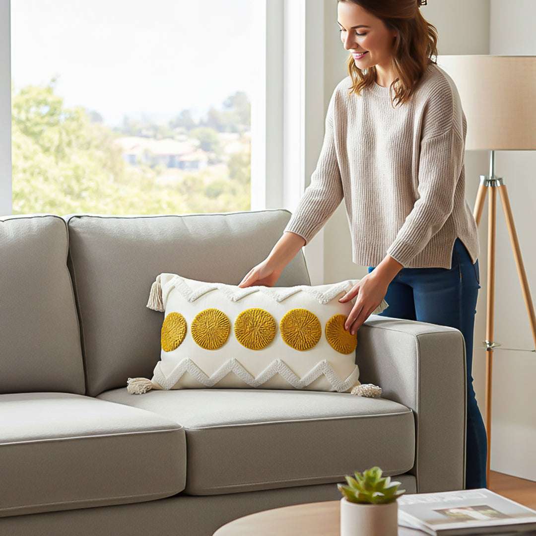 SOGA 2X 30cm Cream Yellow Circle Pom Chevron Tassel Decorative Pillow $ 140