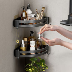 SOGA Black Wall-Mounted Triangular Bathroom Storage Corner Vanity Organiser Space Saving Adhesive Shelf Rack with Hooks
