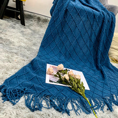 SOGA Royal Blue Diamond Pattern Knitted Throw Blanket Warm Cozy Woven Cover Couch Bed Sofa Home Decor with Tassels