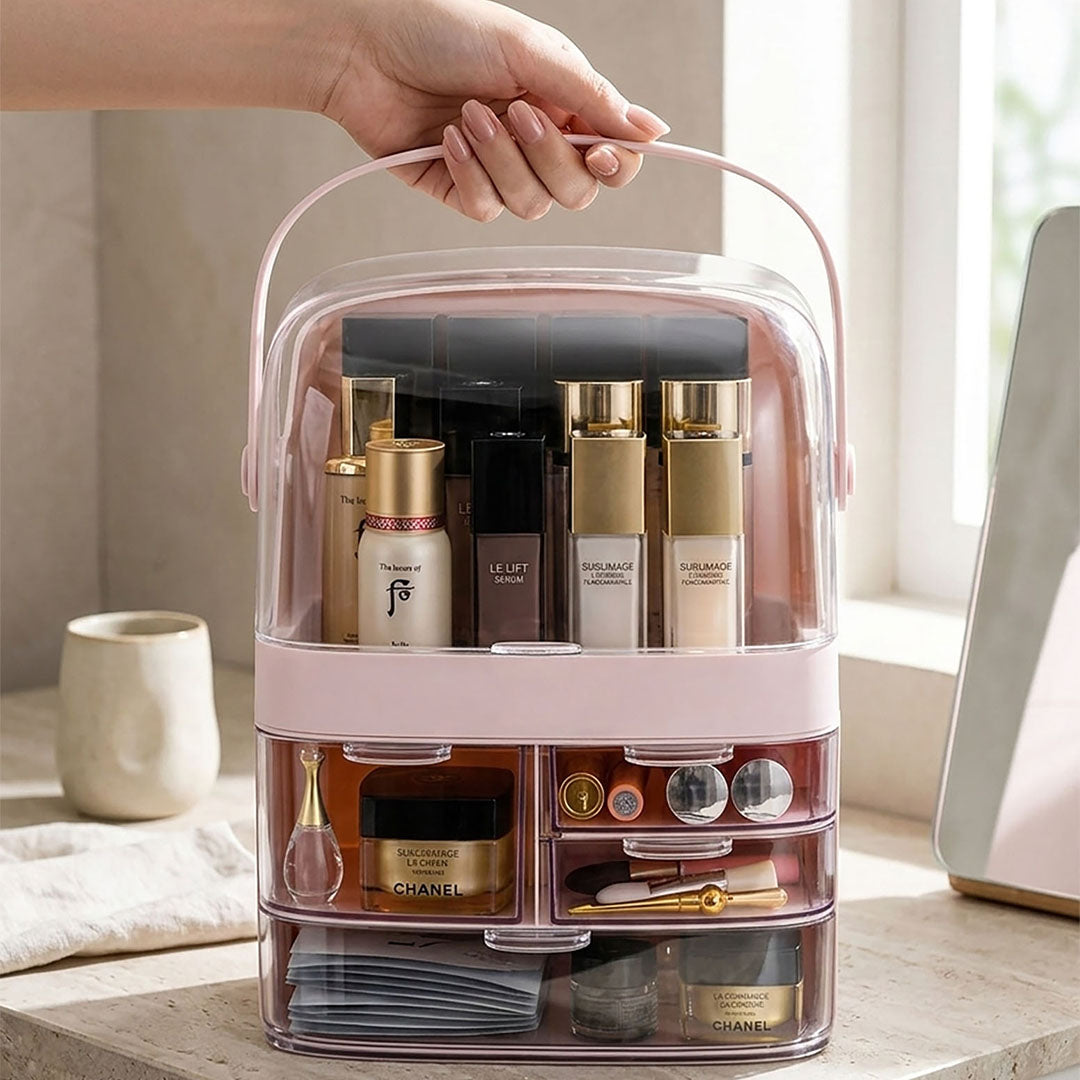SOGA 2X 3 Tier Pink Countertop Makeup Cosmetic Storage Organizer Skincare Holder Jewelry Storage Box with Handle