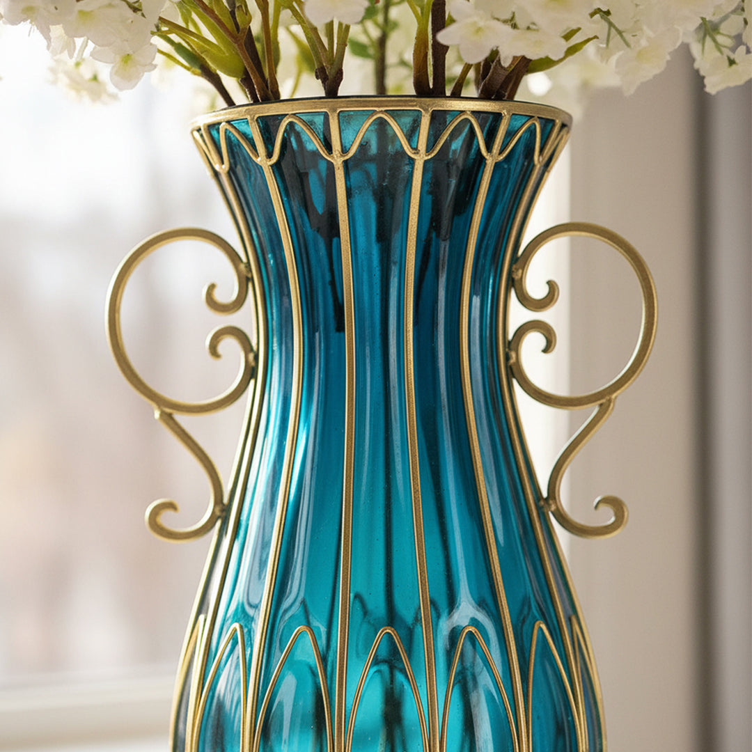 SOGA 51cm Blue Glass Tall Floor Vase and 10pcs White Artificial Fake Flower Set