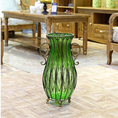 SOGA 51cm Green Glass Tall Floor Vase with 12pcs Pink Artificial Fake Flower Set