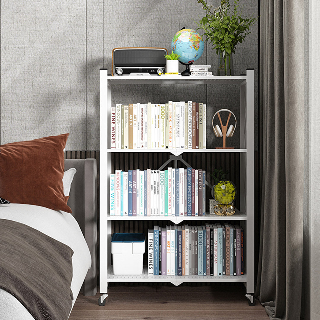 SOGA 4 Tier Steel White Foldable Display Stand Multi-Functional Shelves Storage Organizer with Wheels