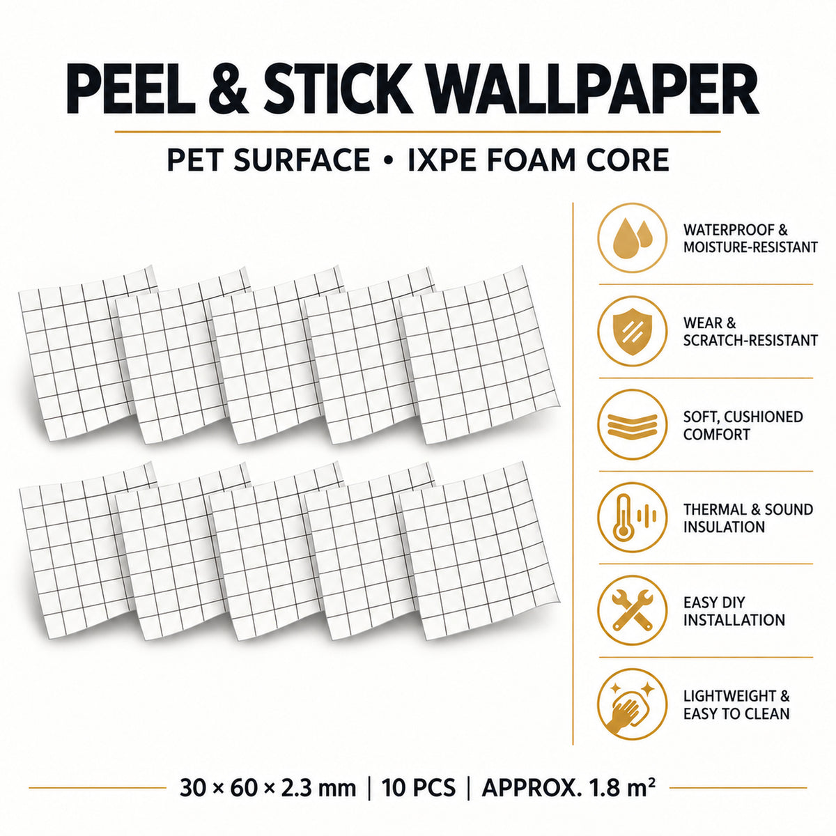 SOGA Peel & Stick Floor and Wall Tiles 30 x 60cm 10 Pack White Grid Tile Look