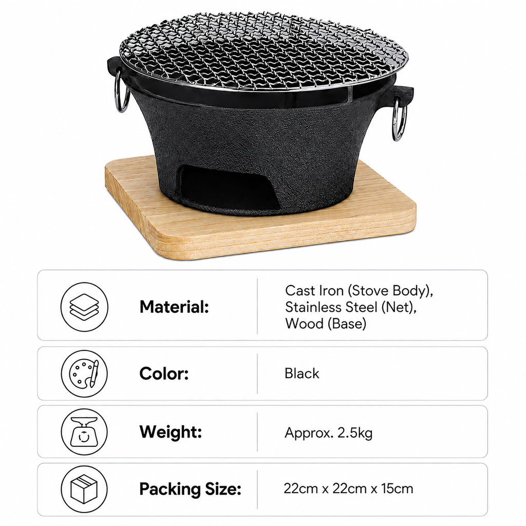 SOGA Small Cast Iron Round Stove Charcoal Table Net Grill Japanese Style BBQ Picnic Camping with Wooden Board