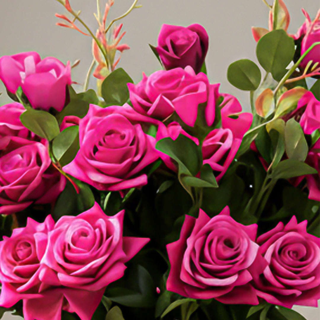 SOGA 85cm Blue Glass Tall Floor Vase and 12pcs Dark Pink Artificial Fake Flower Set