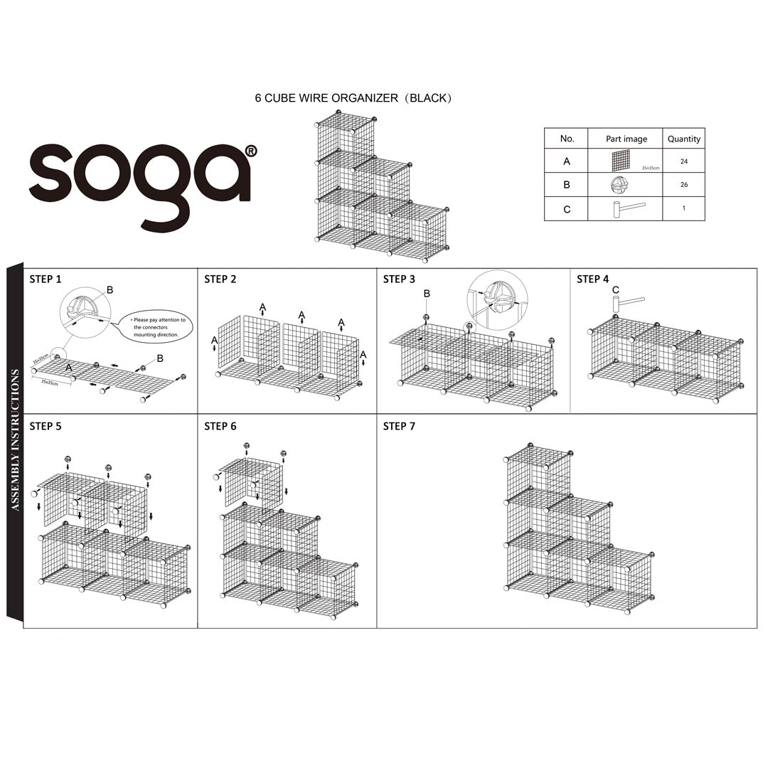 SOGA Black Portable 6-Cube 3 Column Storage Organiser Foldable DIY Modular Grid Space Saving Shelf