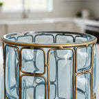 SOGA Blue Colored European Glass Cylinder Flower Vase with Gold Metal Pattern