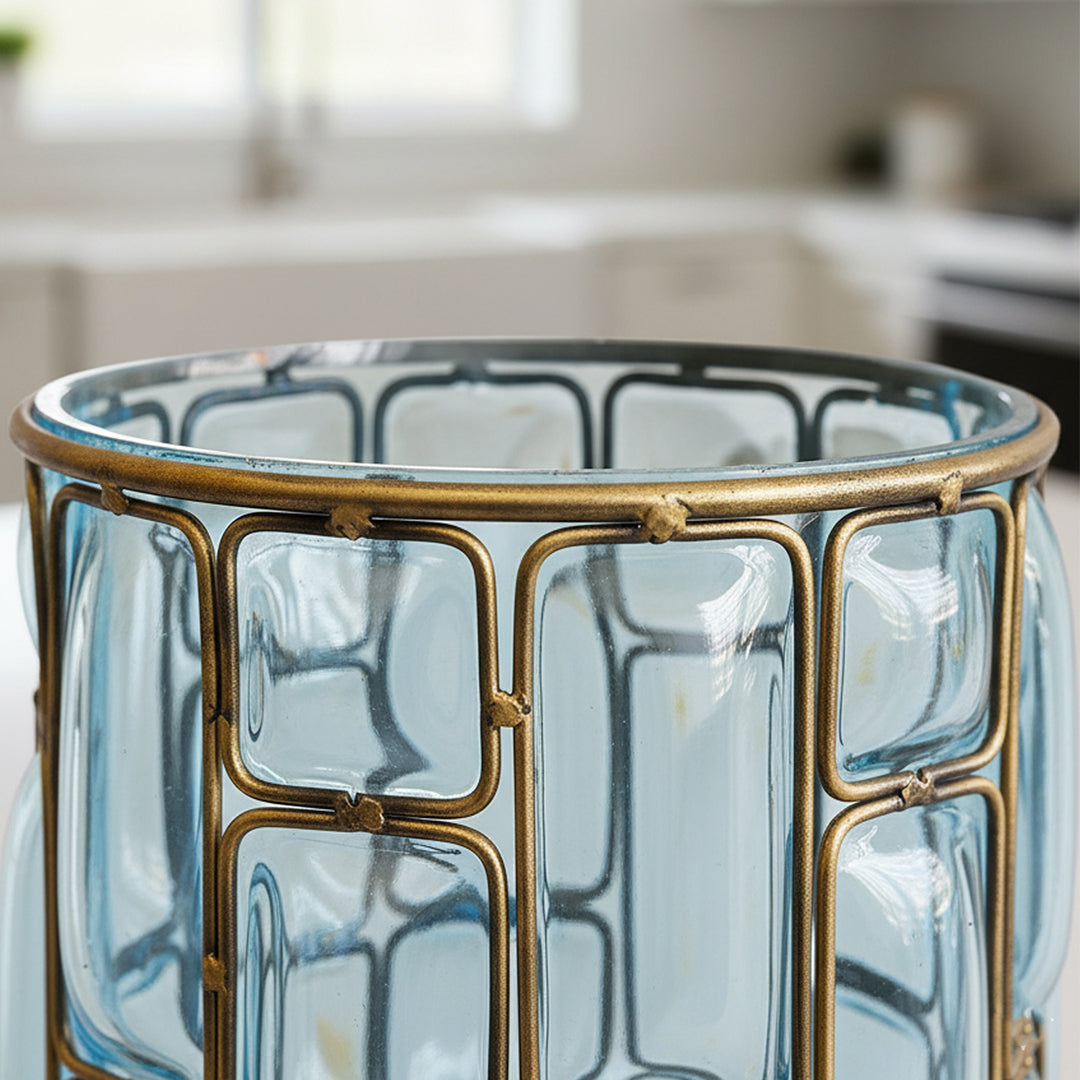 SOGA Blue Colored European Glass Cylinder Flower Vase with Gold Metal Pattern