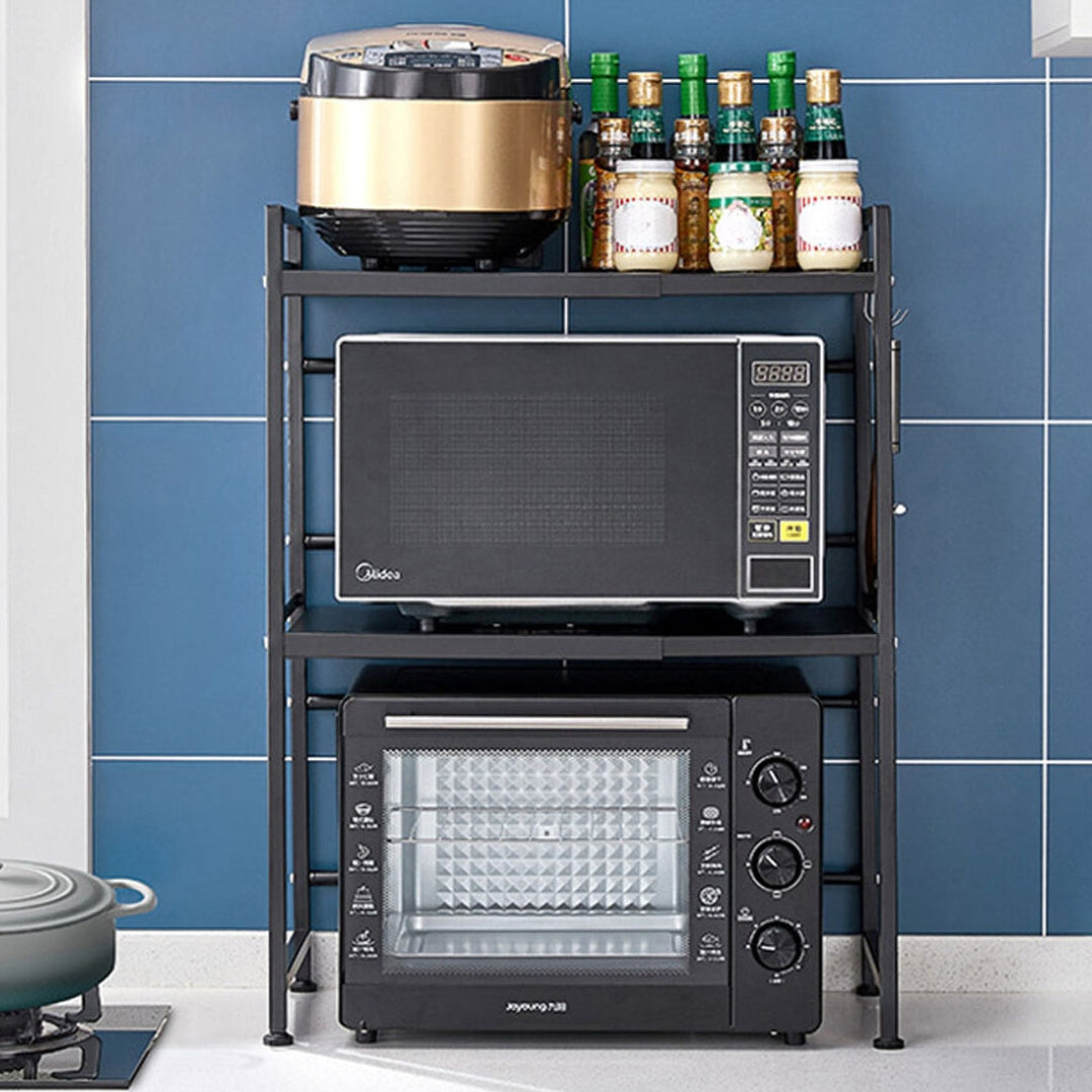 SOGA 3 Tier Steel Black Retractable Kitchen Microwave Oven Stand Multi-Functional Shelves Storage Organizer