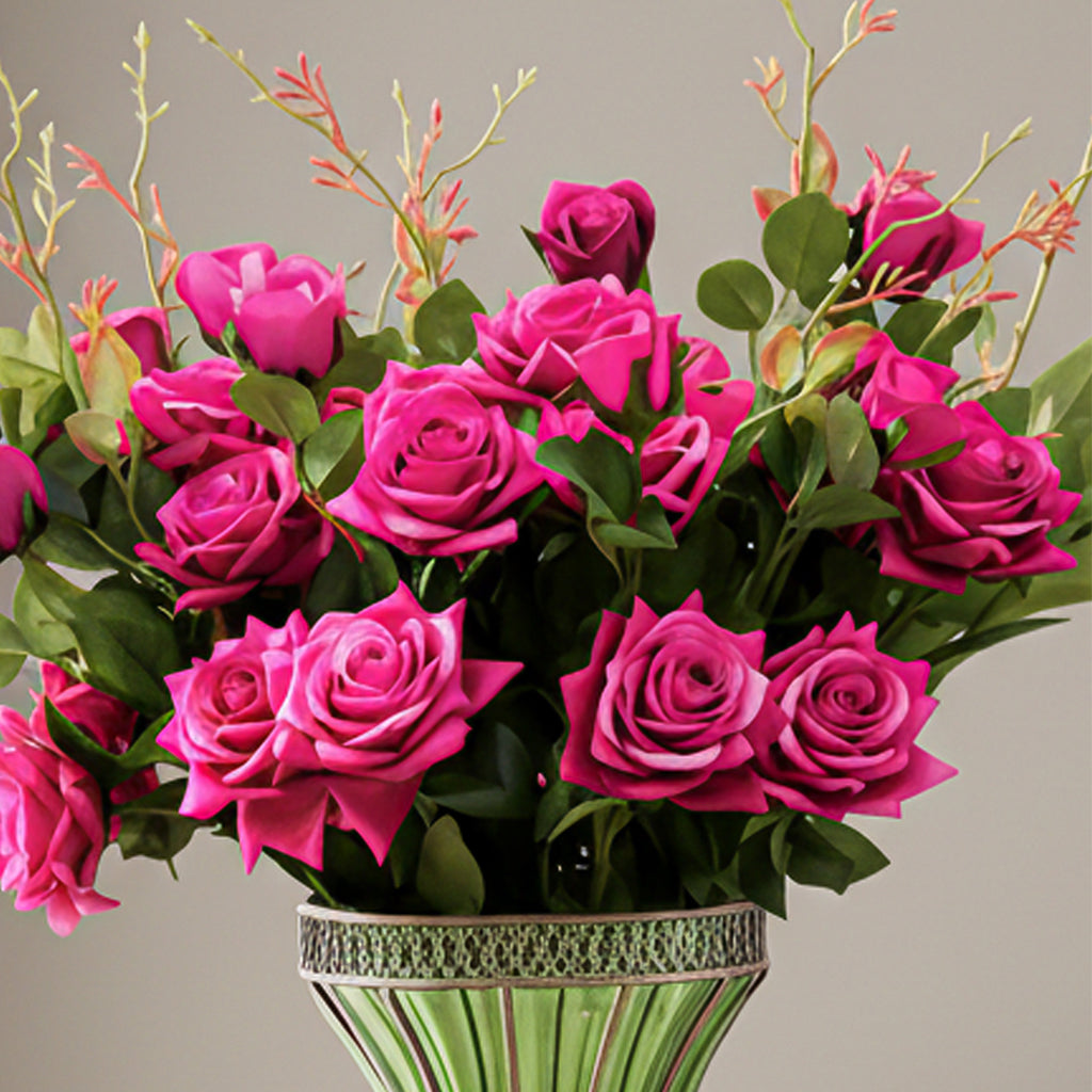 SOGA 67cm Green Glass Tall Floor Vase and 12pcs Dark Pink Artificial Fake Flower Set