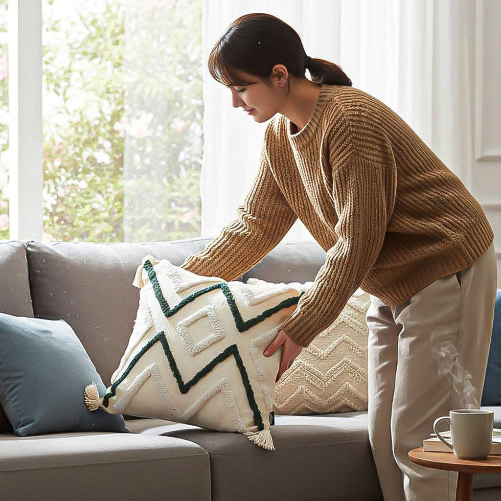 SOGA 2X Boho Tufted Cushion 45cm Tassel Beige Green Geometric Chevron Throw Pillow $ 140