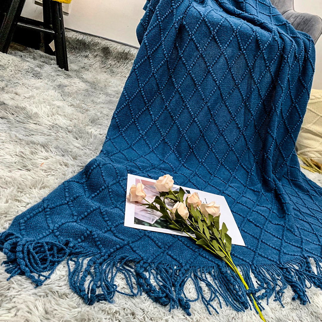 SOGA 2X Royal Blue Diamond Pattern Knitted Throw Blanket Warm Cozy Woven Cover Couch Bed Sofa Home Decor with Tassels