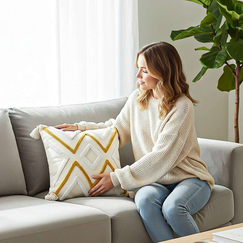 SOGA 2X Boho Tufted Cushion 45cm Tassel Beige Yellow Geometric Chevron Throw Pillow $ 140