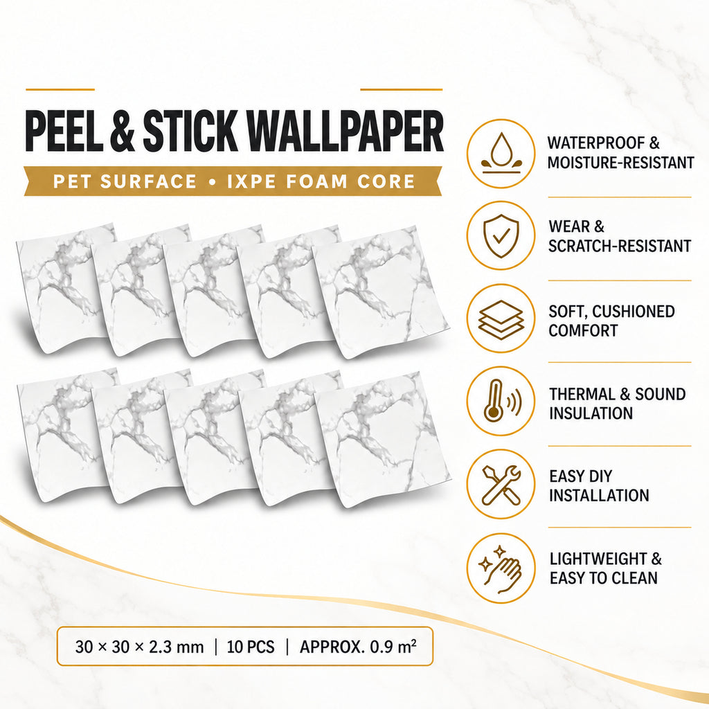 SOGA Peel & Stick Floor and Wall Tiles 30 x 30cm 10 Pack White Grey Faux Marble