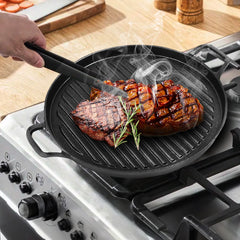 SOGA 30cm Ribbed Cast Iron Frying Pan Skillet Steak Sizzle Platter
