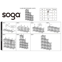 SOGA White Portable 9-Cube 3 Column Storage Organiser Foldable DIY Modular Grid Space Saving Shelf 149cm