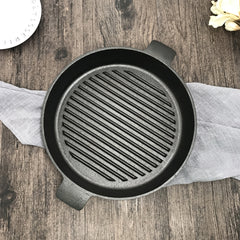 SOGA 26cm Round Ribbed Cast Iron Frying Pan Skillet Steak Sizzle Platter with Handle